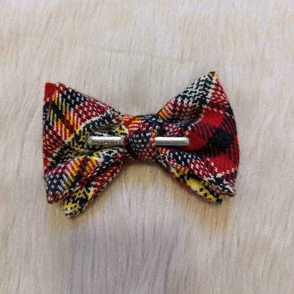 Vintage Royal red, black white and yellow plaid clip on bow tie rust resistant - Picture 3 of 5